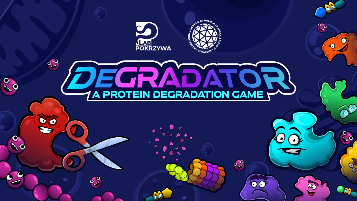 Panel tytułowy przedstawiający logo gry DEGRADATOR, logo Laboratorium Pokrzywy i Międzynarodowego Instytutu Biologii Molekularnej i Komórkowej w Warszawie - MIBMiK oraz kilka postaci z gry